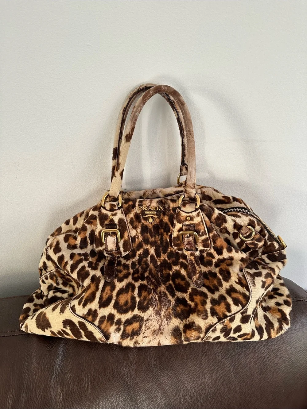 Prada Leopard-Print Calf Hair Satchel - Brown/Black/Beige bag / tote
